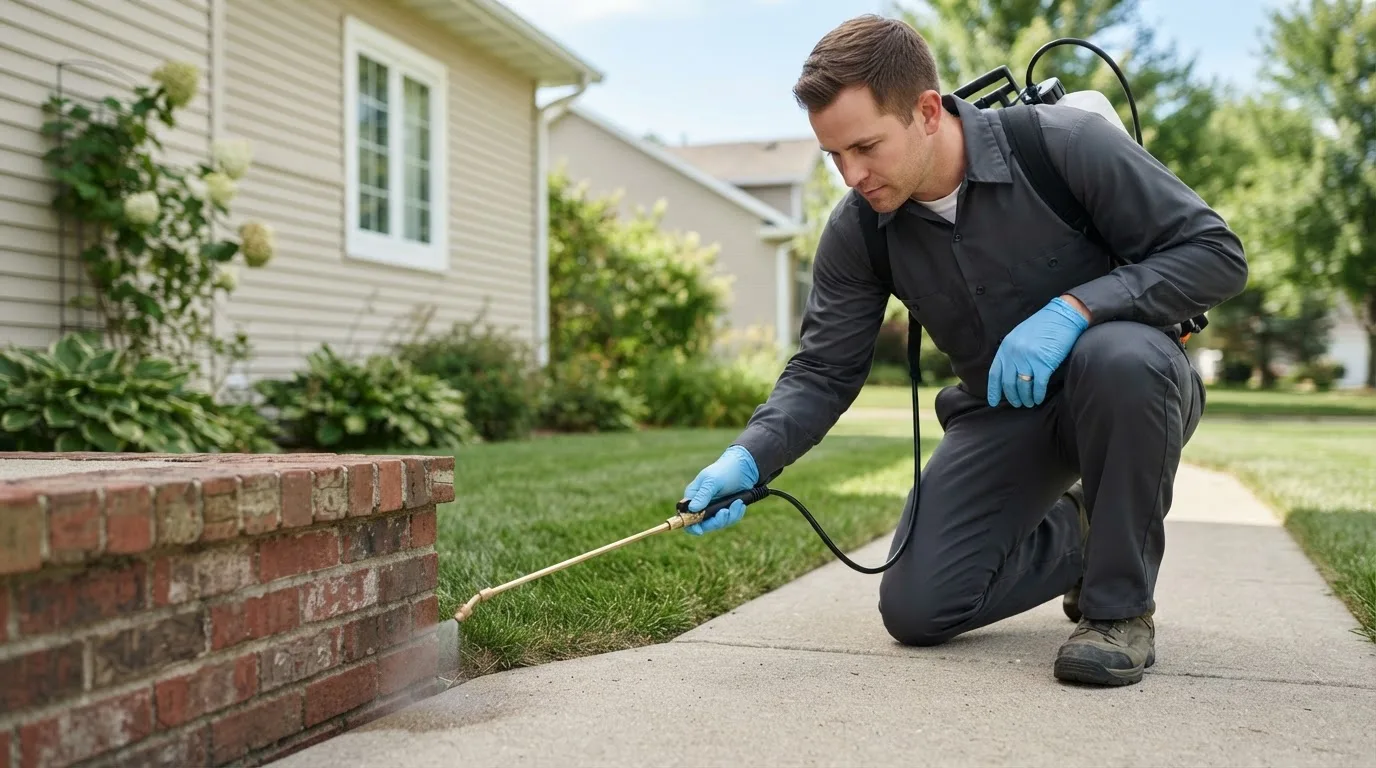Pest control technician treating a home near Uniontown, OH