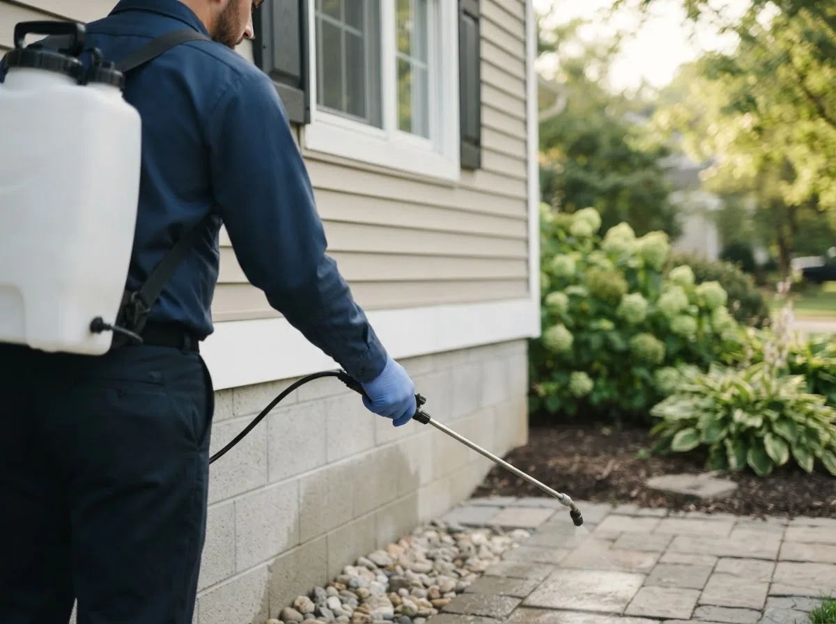 Pest control technician inspecting a home in Uniontown, OH